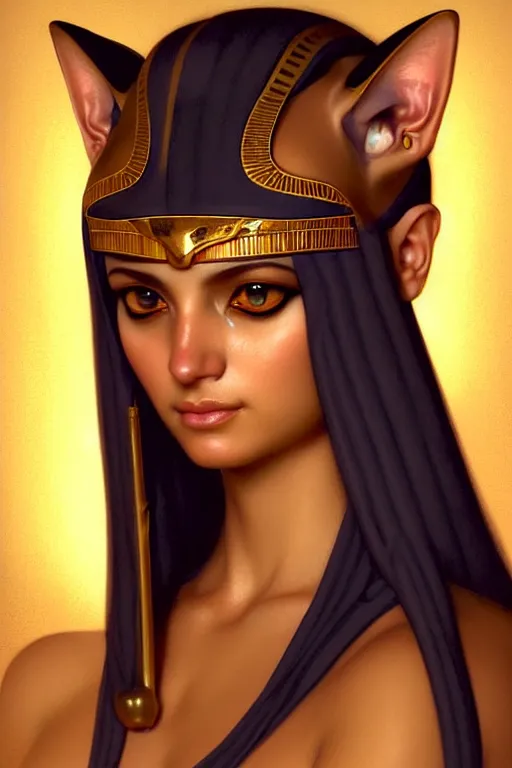 Image similar to softly lit portrait of the beautiful egyptian goddess, bastet, bast, woman / cat hybrid, soft torchlight in an egyptian tomb, digital art by ruan jia and mandy jurgens and artgerm and william - adolphe bouguereau, highly detailed, trending on artstation, award winning,