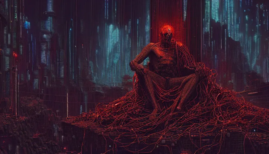 Prompt: highly detailed dark rotting god sitting on a throne of bodies, wires night, death, fear, horror, cyberpunk, cyberpunk futuristic neon, religion, in style of minecraft, by barlowe, by wayne, hyperrealism, detailed and intricate environment