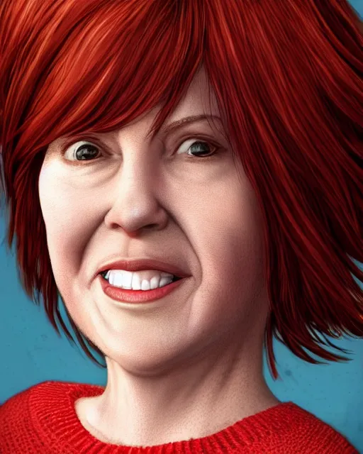 Prompt: portrait of happy short and plump 5 0 - year - old woman with red hair and, kind face, short hair, wearing in sweater, hyper realistic face, beautiful eyes, character art, art by mark brooks, hyperdetailed, cryengine, trending on artstation, digital art