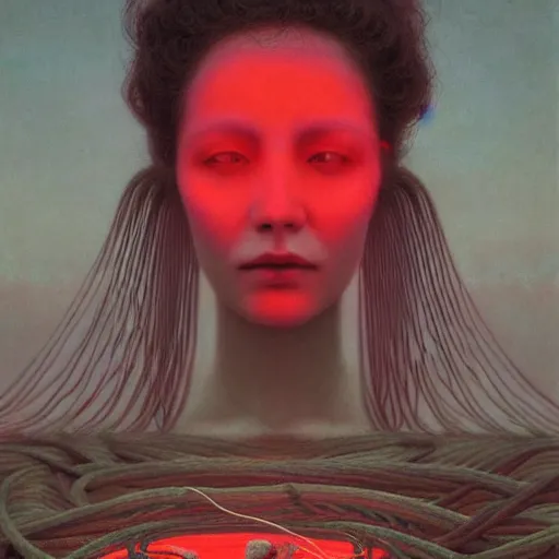 Image similar to portrait, shore of the lake, woman, wrapped around by tubes and cables, short black curly hair, glowing red, by edgar maxence and ross tran, zdzisław beksinski, and michael whelan, distant, gustav dore, h. r. giger, 8 k, octane render