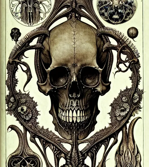 Image similar to memento mori by arthur rackham, art forms of nature by ernst haeckel, exquisitely detailed, art nouveau, gothic, ornately carved beautiful skull dominant, intricately carved antique bone, art nouveau botanicals, ornamental bone carvings, art forms of nature by ernst haeckel, horizontal symmetry, arthur rackham, ernst haeckel