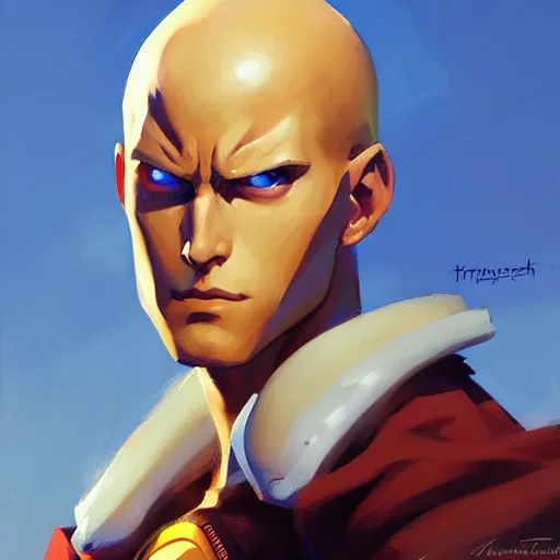 Image similar to Greg Manchess portrait painting of Saitama as Overwatch character, medium shot, asymmetrical, profile picture, Organic Painting, sunny day, Matte Painting, bold shapes, hard edges, street art, trending on artstation, by Huang Guangjian and Gil Elvgren and Sachin Teng