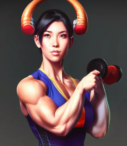 Prompt: beautiful portrait of a gorgeous personal trainer who looks like Chun Li , character design by charlie bowater, ross tran, artgerm, and makoto shinkai, detailed, soft lighting, rendered in octane