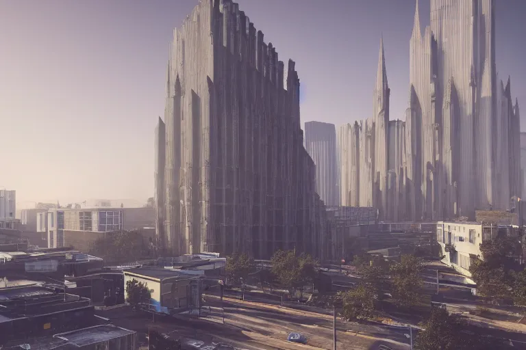 Image similar to streetscape, a towering cathedral of brutalist architecture, buildings covered with greebles, stunning volumetric light, sunset, metal, concrete and translucent material, stunning skies, majestic landscape, trending on Artstation, 8k, photorealistic, hyper detailed, unreal engine 5, IMAX quality, cinematic, epic lighting, in the style of Greg Rutkowski