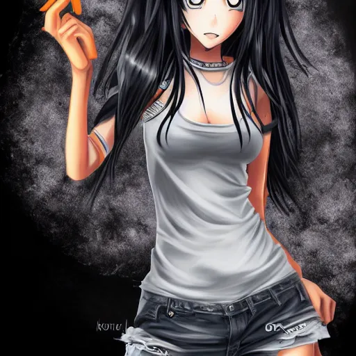 Image similar to anime wolfgirl with shaggy black hair, orange eyes and dark gray skin wearing a t-shirt and jeans, digital art, DeviantArt, art station, illustration, highly detailed, artwork