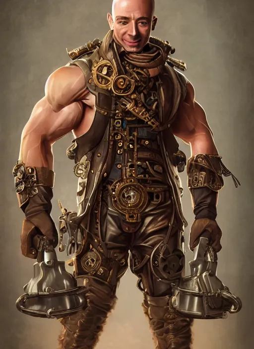 Image similar to steampunk jeff bezos is a muscular bodybuilder, au naturel, hyper detailed, digital art, trending in artstation, cinematic lighting, studio quality, smooth render, unreal engine 5 rendered, octane rendered, art style by klimt and nixeu and ian sprigger and wlop and krenz cushart.