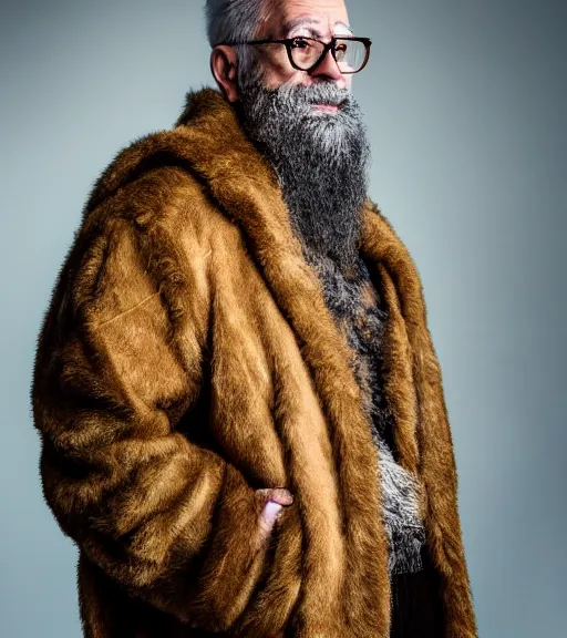 Image similar to detailed attractive characther portrait of jimmy faloon wearing oversized cow skin jacket and gold beard, realistic, wide angle, dramatic light 8 k