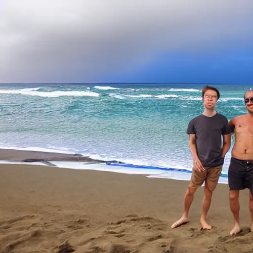 Image similar to two guys in hawaii, sick with covid on the beach, with a rainbow, photograph