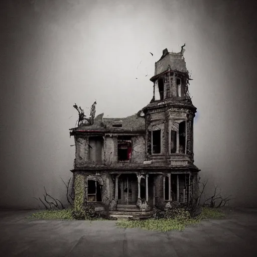 Prompt: a highly detailed photographic render of a creepy old haunted house, photos of a haunted living room, horror, bloody, ghost, creepy, cinematic lighting, cinematic scene, Volumetric lighting, Atmospheric scene, Dark, Horror, Atmospheric lighting, Global illumination cinematic render, film, beautifully lit, ray traced, octane 3D render, octane render, unreal engine