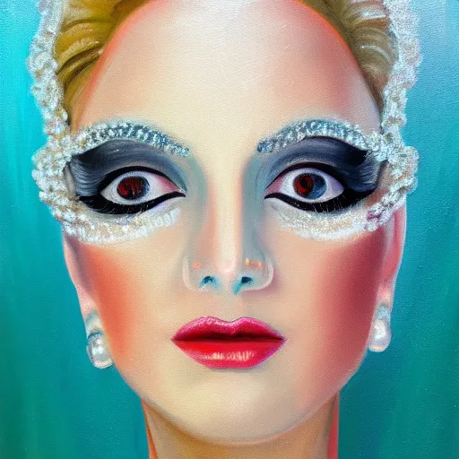 Prompt: a symmetrical portrait of a showgirl, oil painting, pale colors, high detail, 8 k, wide angle, trending on artstation,