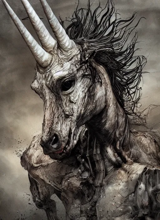 Prompt: portrait, an emaciated starving unicorn, skin and bones, watercolor, dramatic lighting, cinematic, establishing shot, extremely high detail, foto realistic, cinematic lighting, pen and ink, intricate line drawings, by Yoshitaka Amano, Ruan Jia, Kentaro Miura, Artgerm, post processed, concept art, artstation, matte painting, style by eddie mendoza, raphael lacoste, alex ross