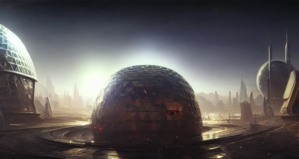 Image similar to cinematic shot, futuristic city on the moon inside a giant geodesic dome, utopian, night, stars, digital painting, artstation, concept art, smooth, sharp focus, illustration, intricate, elegant, highly detailed, in the style of greg rutkowski and alphonse mucha and artemisia, 8 k, highly detailed, jurgens, rutkowski
