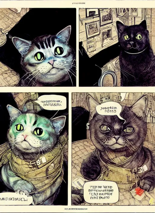 Image similar to a hyper realistic ink cat in a spaaceship 6 panel comic by chiara bautista and norman rockwell and greg rutkowski weta studio, and lucasfilm