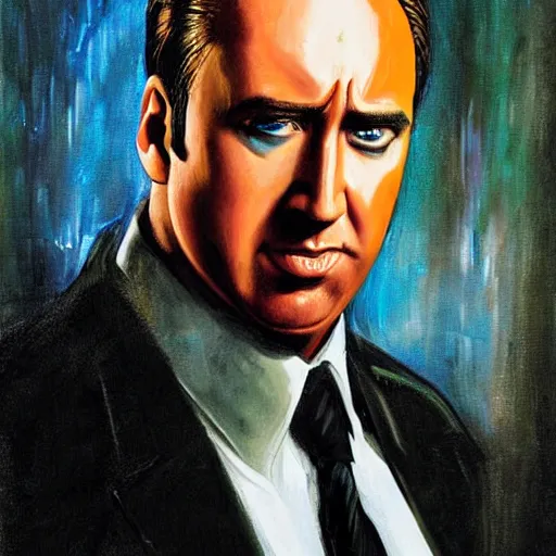 Image similar to nic cage as lex luther, buff, painted portrait, highly detailed,