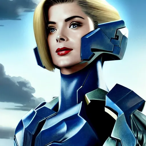 Image similar to A combination of Grace Kelly's and Ada Wong's and Ashley Greene's appearances with blonde hair wearing Forerunner armor from Halo, high tech, action shot, angular, full body portrait, futuristic, dramatic, fantasy, intricate, elegant, highly detailed, artstation, matte, sharp focus, 8K, art by Artgerm and Greg Rutkowski and Alphonse Mucha