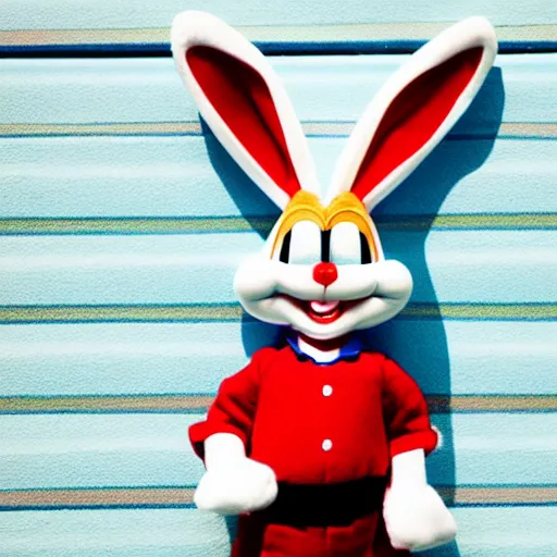 Image similar to photo of a bugs bunny toy sitting infront of a red wall with blue stripes