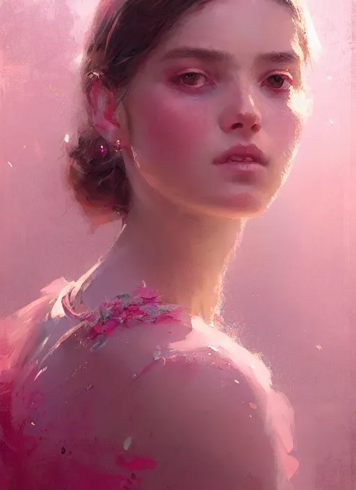 Image similar to portrait of a beautiful girl, shades of pink, beautiful face, rule of thirds, intricate outfit, spotlight, by greg rutkowski, by jeremy mann, digital painting