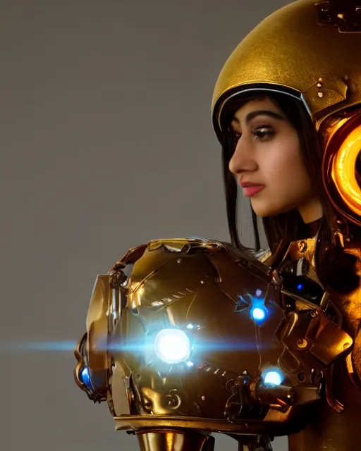 Image similar to centered medium shot fine studio photograph of a beautiful persian girl wearing only a mecha electronic Babylonia helmet with bright lights, ultra-realistic, white background, 8k HDR sunset lit, intricate