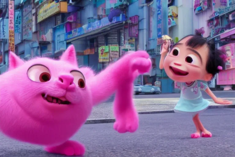 Image similar to film still from a pixar movie about a pink cat causing trouble in taipei