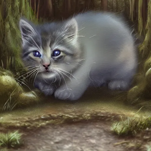 Image similar to rescue from the underworld, shadows of the past, chubby moss kitten, by jeff easley and Dylan Kowalski, highly detailed, digital painting, HDRI, by vivid colors, high contrast, 8k resolution, intricate, photorealistic, smooth