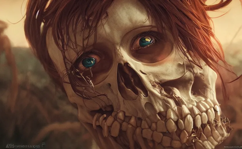 Image similar to skeleton with eyes, cinematic shot, 8 k, art by artgerm and greg rutkowski and alphonse mucha, movie screenshot