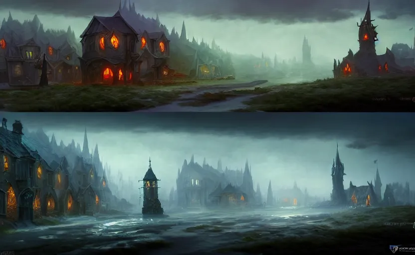 Image similar to extreme long shot concept art depicted an old english mystic town, dramatic mood, overcast mood, dark fantasy environment, art by legends of runeterra and league of legends and arcane, art by tony sart, art by thornton oakley, art by darek zabrocki, trending on artstation, unreal engine