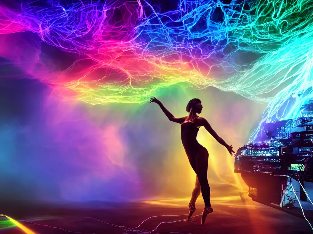 Image similar to a dancer in a rgb backlit environment, heavenly, cables, pc cooling equipment, clouds, mist, realistic