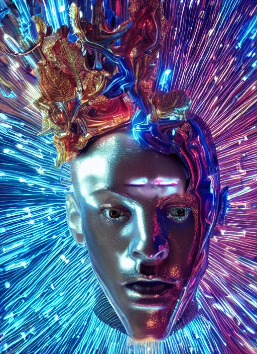 Image similar to hyper detailed ultra sharp portrait of baroque and bladerunner delicate neon ruby sculpture of seductive albino primce royce tigers orange iridescent humanoid deity wearing metallic hoody made out of leaves holding the sun prismatic dungeon, glowing rainbow face, crown of white diamonds, cinematic lighting, photorealistic, octane render 8 k depth of field 3 d