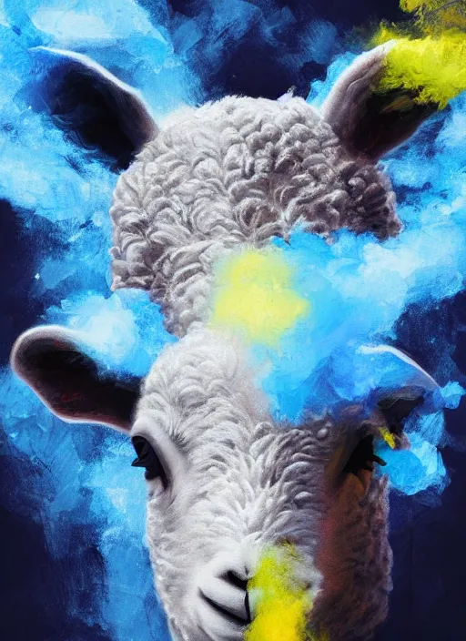 Image similar to a painting of a lamb's face with blue and yellow smoke coming out of, a digital painting by petros afshar, behance contest winner, digital art, behance hd, digital illustration, digital painting