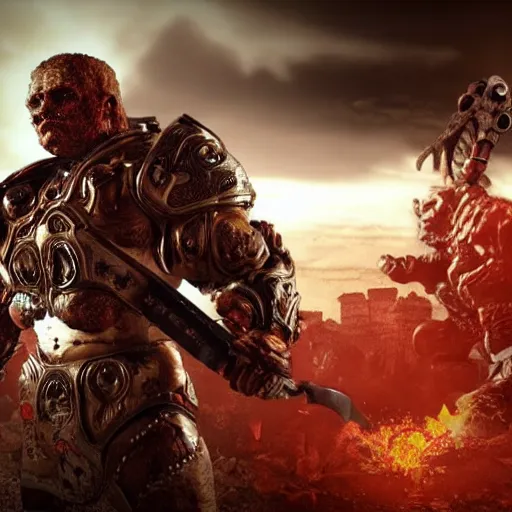 Image similar to burger king kurger bing creepy king mascot in gears of war, cinematic shot