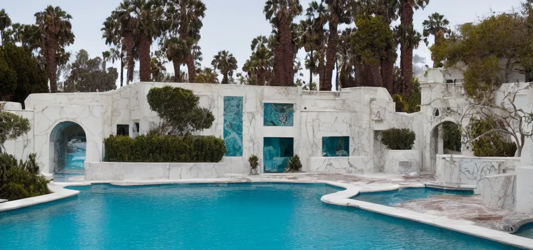 Prompt: house made of pentelic marble, designed by ictinus and callicrates. neptune pool from hearst castle in backyard. built in 1 9 5 9 in santa monica. fancy post - oscars party