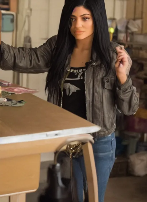 Image similar to film still of kylie Jenner as Frank Gallagher on shameless