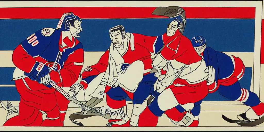 Image similar to habs hockey player suzuki breakaway ukiyo - e style,