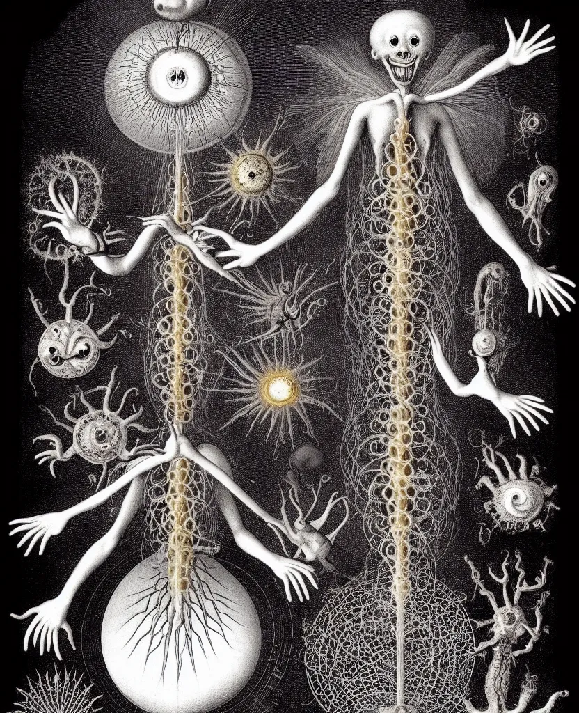 Image similar to whimsical freaky creature sings a unique canto about'as above so below'being ignited by the spirit of haeckel and robert fludd, breakthrough is iminent, glory be to the magic within