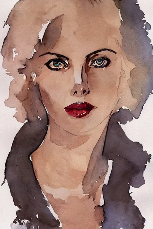 Image similar to beautiful portrait of Charlize Theron by Milo manara and David downton, colorless, silent, watercolor