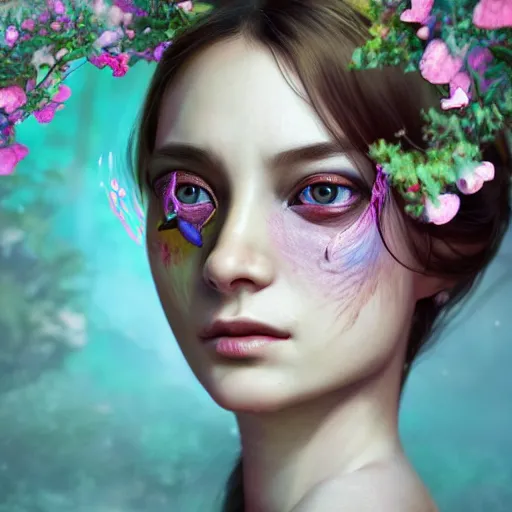 Prompt: hyperrealistic mixed media image of random magic of woman with flowers in eyes, stunning 3 d render inspired art by greg rutkowski and xiang duan and thomas eakes and audrey kawasaki, perfect facial symmetry, flesh texture, realistic, highly detailed attributes and atmosphere, dim volumetric cinematic lighting, 8 k octane detailed render, post - processing, masterpiece,