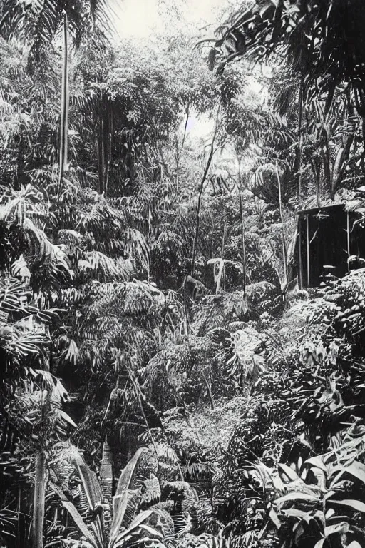 Prompt: alien buildings inside a jungle, black and white photography, year 1 9 0 0