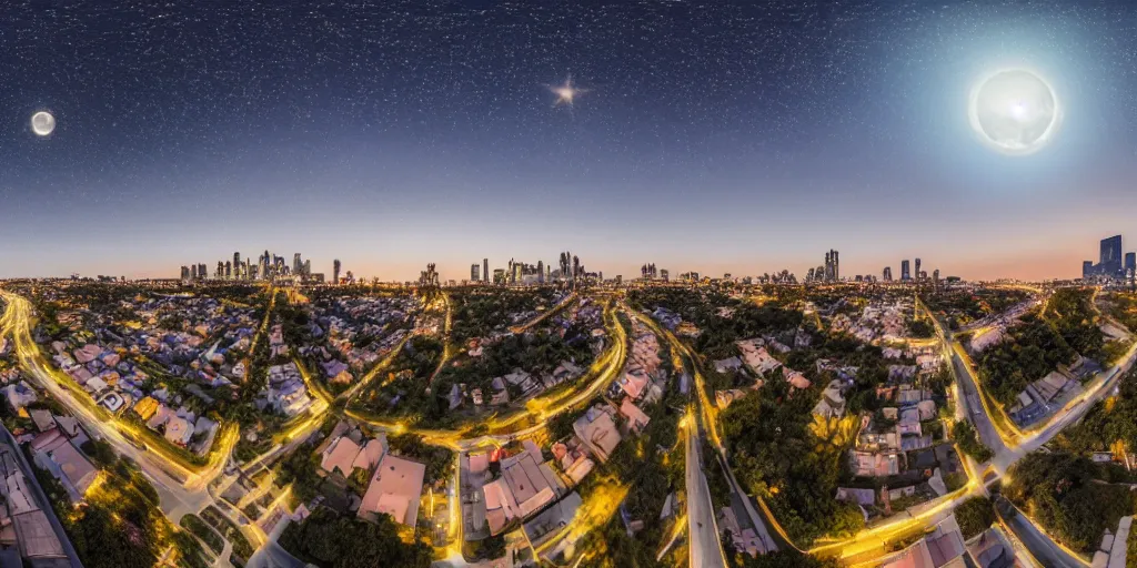 Image similar to Night view of suburb streets and residential apartment buildings in the distance. 3d spherical panorama with 360 viewing angle ready for virtual reality or vr. full equirectangular projection. sightseeing. full moonlit sky