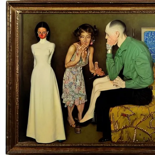 Image similar to a thin man is horrified by an oil painting of his wife, painted by norman rockwell and tom lovell and frank schoonover