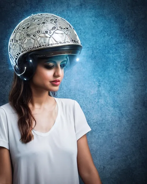 Prompt: centered medium shot fine studio photograph of a beautiful persian girl wearing a persian solarpunk electronic helmet with led lights, ultra-realistic, white background, 8k HDR morning light, intricate detail