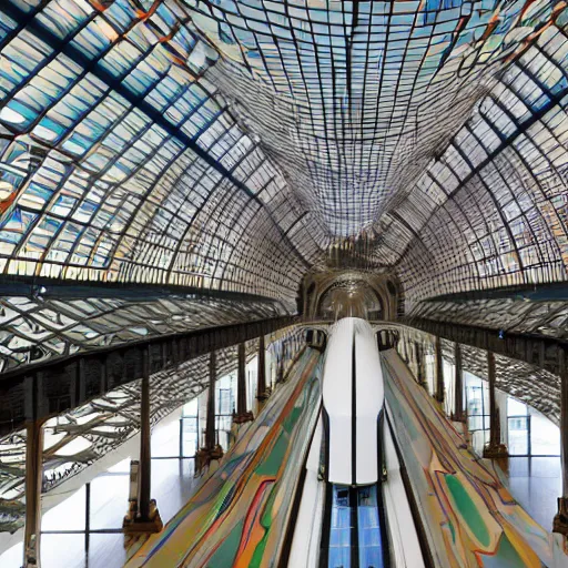 Image similar to elaborate and beautiful train station hall filled with travelers, designed by zaha hadid, bold colored walls, tall ceilings, large windows, lots of bold colors, unique architecture, sunbeams, detailed 8k