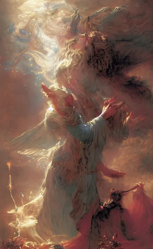 Image similar to wizard casting a powerful frost spell by adrian smith and delphin enjolras and daniel f. gerhartz and pierre auguste cot