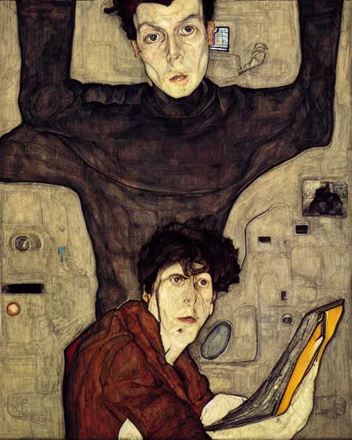 Image similar to portrait of a hacker by egon schiele in the style of greg rutkowski