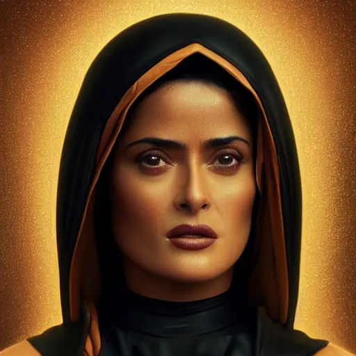 Prompt: Hyper realistic salma hayek as a nun in a very tight latex outfit by WLOP 4K symmetrical wide shot, character concept portrayed to the bust line, very big chest, looking fierce in Camera, character concept art, Two visible arms, Beautiful face, Rendered in Octane, trending in artstation, cgsociety, 4k post-processing highly detailed, Piotr Jablonski, Craig Mullins dynamic cinematic lighting rendered by octane engine, characters 8K symmetrical.