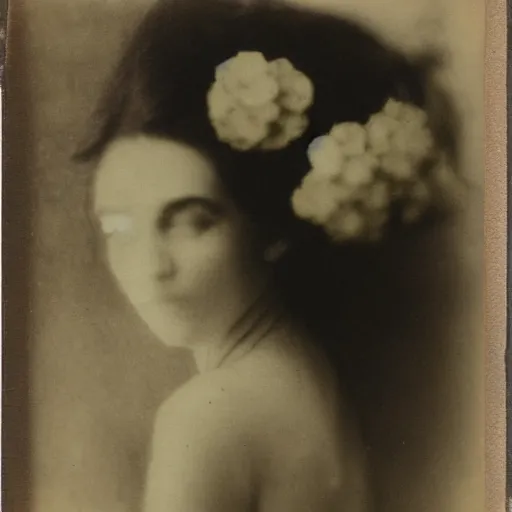 Image similar to portrait of a beautiful woman corpse covered in flowers, 1910 polaroid photography,