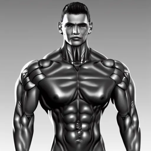 Image similar to a realistic detailed photo of a bodybuilder who is also a male android, Chris Redfield, shiny skin, posing robotically. blank stare