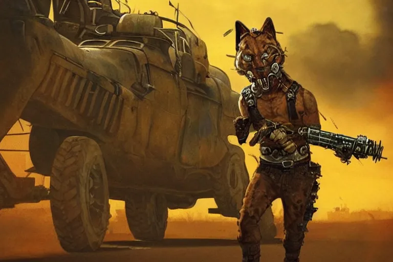 Image similar to a good ol'jaguar fursona ( from the furry fandom ), heavily armed and armored facing down armageddon in a dark and gritty version from the makers of mad max : fury road. witness me.