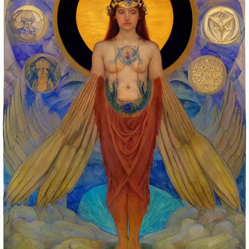 Prompt: coronation of the dawn, by Annie Swynnerton and Nicholas Roerich and Diego Rivera, bioluminescent skin, feather tattoos, elaborate costume, geometric ornament, symbolist, soft colors, smooth, sharp focus, extremely detailed