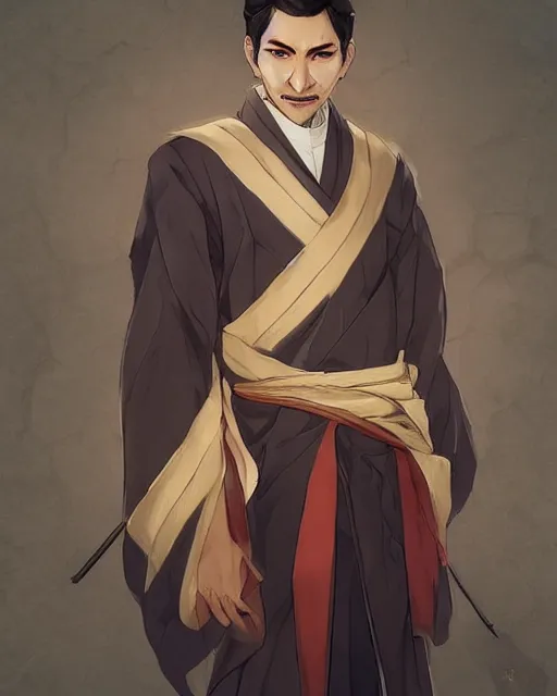 Image similar to an anime portrait of jose rizal as a beautiful man wearing a kimono from skyrim, by stanley artgerm lau, wlop, rossdraws, james jean, andrei riabovitchev, marc simonetti, and sakimichan, trending on artstation