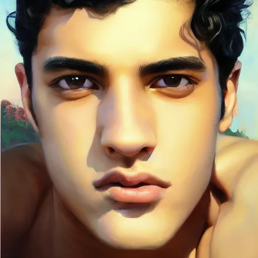 Image similar to oil painting by ilya kuvshinov, baugh casey, rhads, coby whitmore, of a youthful persian - indian college student, olive skin, high cheekbones, handsome, curly black hair, outdoors, highly detailed, breathtaking face, studio photography, dawn, intense subsurface scattering, blush, supple look, innocence, intense sunlight